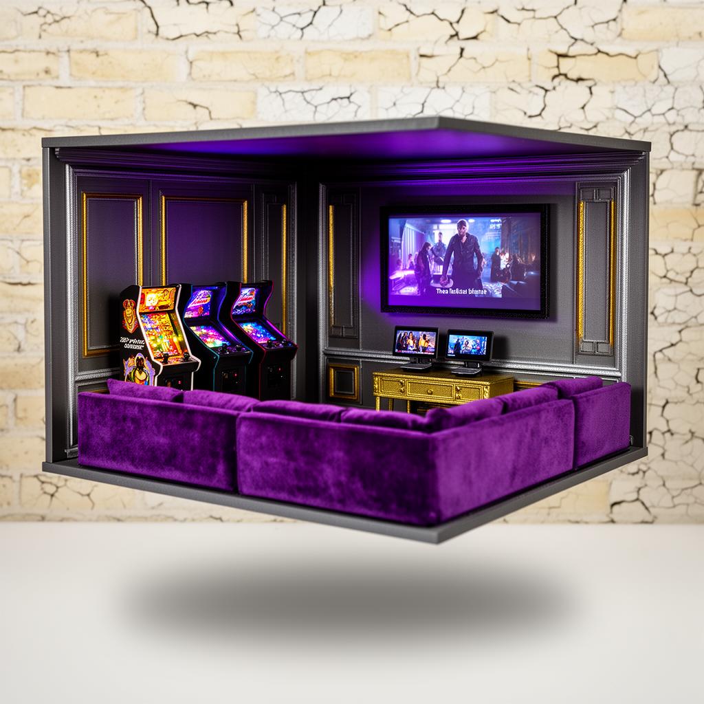 Working man-cave interior — arcade, theatre, velvet sectional