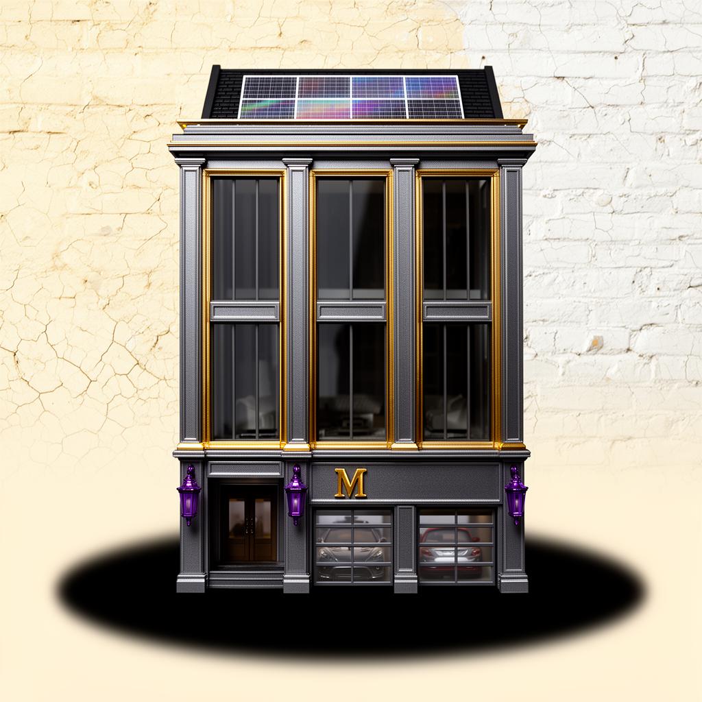 Moody Mansion front facade — sealed pewter grey with M monogram