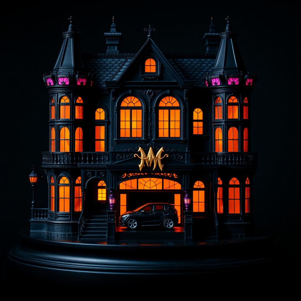 The Original Moody Mansion — 3-story gothic obsidian with royal purple lanterns and gold M crest