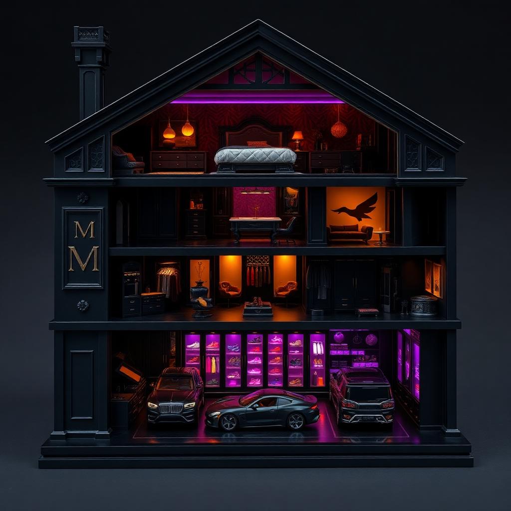 Original Moody Mansion interior cutaway — bedroom, wardrobe, kitchen, living, sneaker gallery, garage